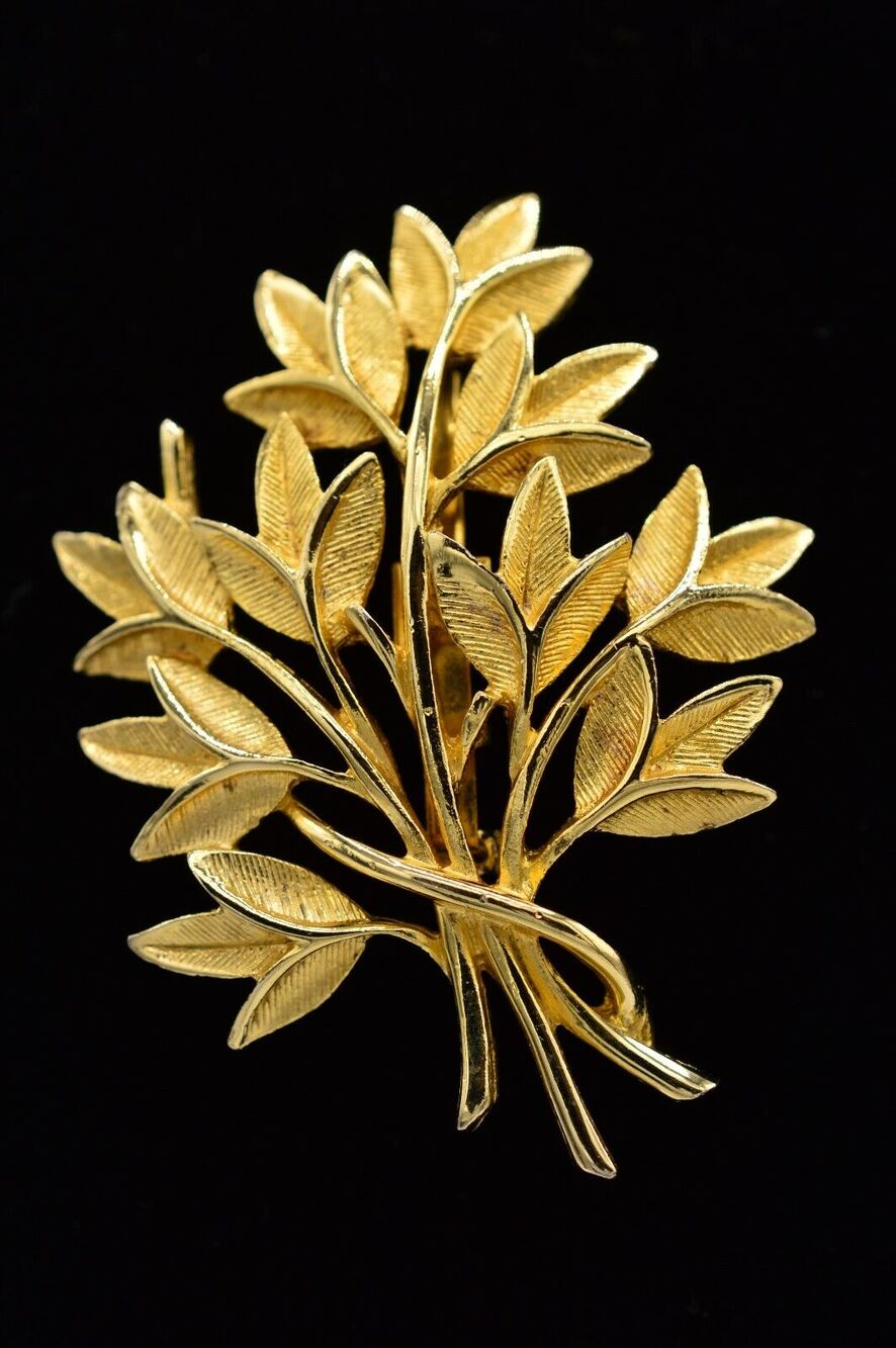 Vintage Leaf Brooch Pin Brushed Gold Bouquet Floral 1980s Bin7